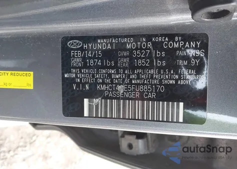 2015 Hyundai Accent Gls z USA, uszkodzony, nr VIN KMHCT4AE5FU885170